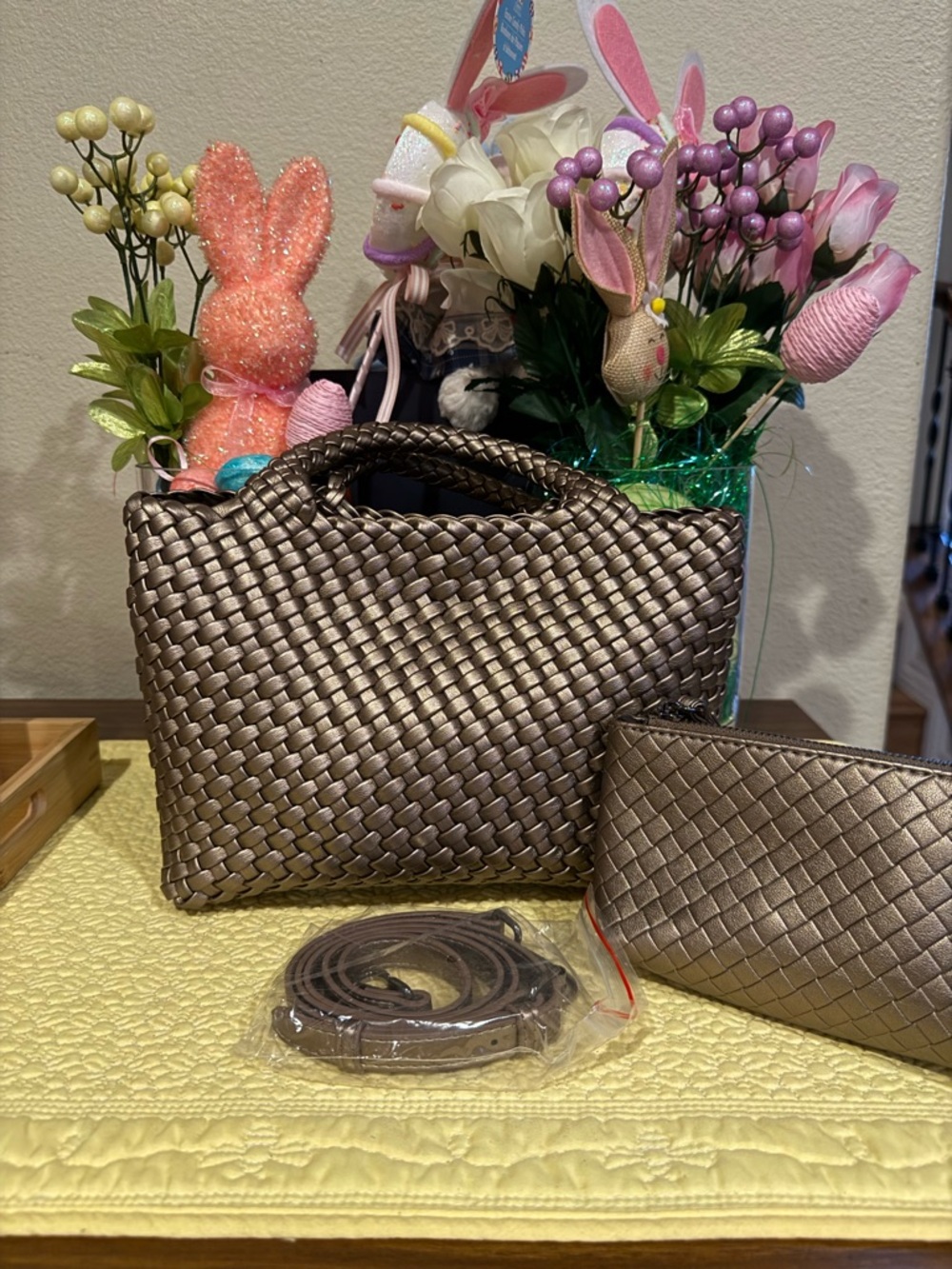 Bronze color  Woven Leather Shoulder & Hand Bag w/ Pouch Wallet Set